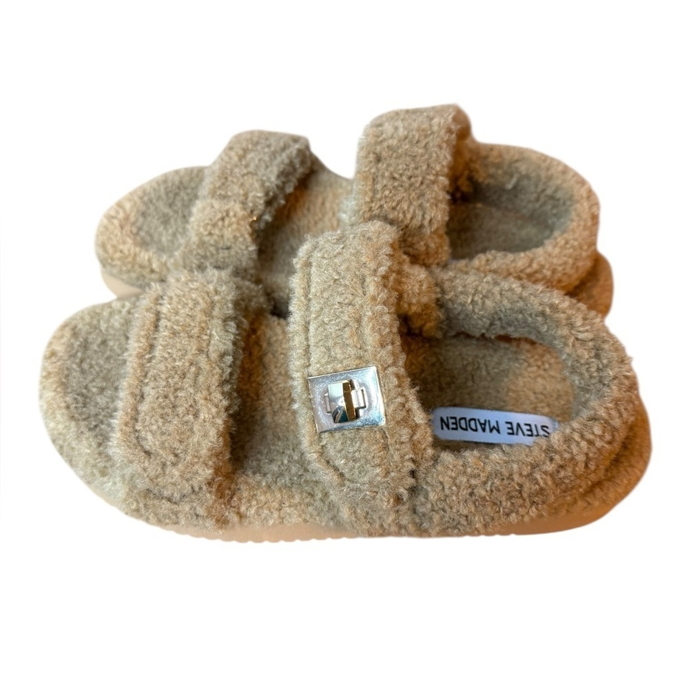 Steve Madden Mona Tan Faux Fur Sherpa Sandal Slippers
